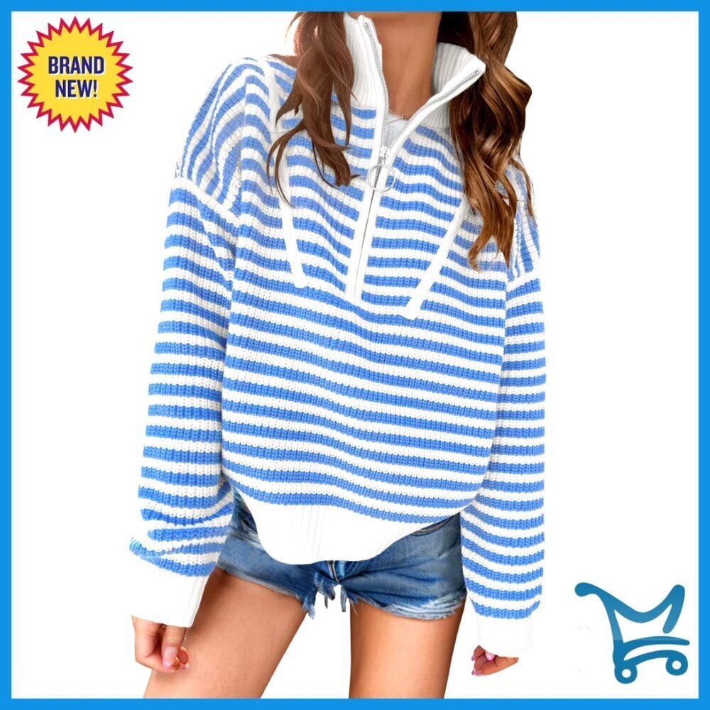 Striped Half Zip Ribbed Pullover, Loose Fit Acrylic Sweater, Size M